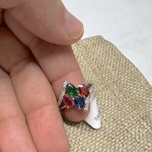 925 Sterling Silver ring with sapphire and CZ.